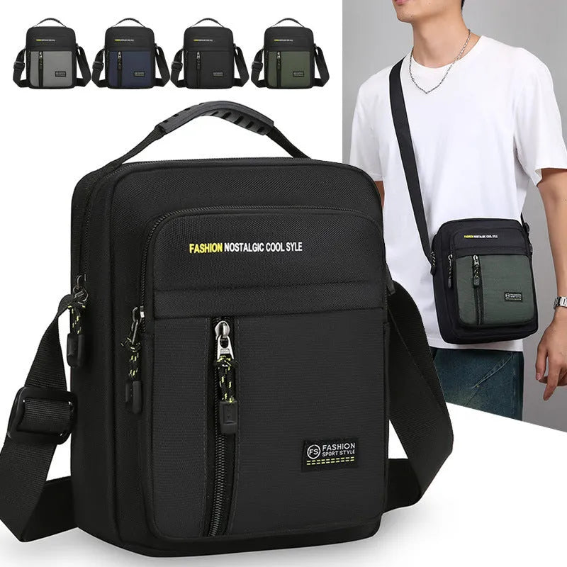 Men's green nylon crossbody messenger bag with one shoulder strap and sewing thread detailing