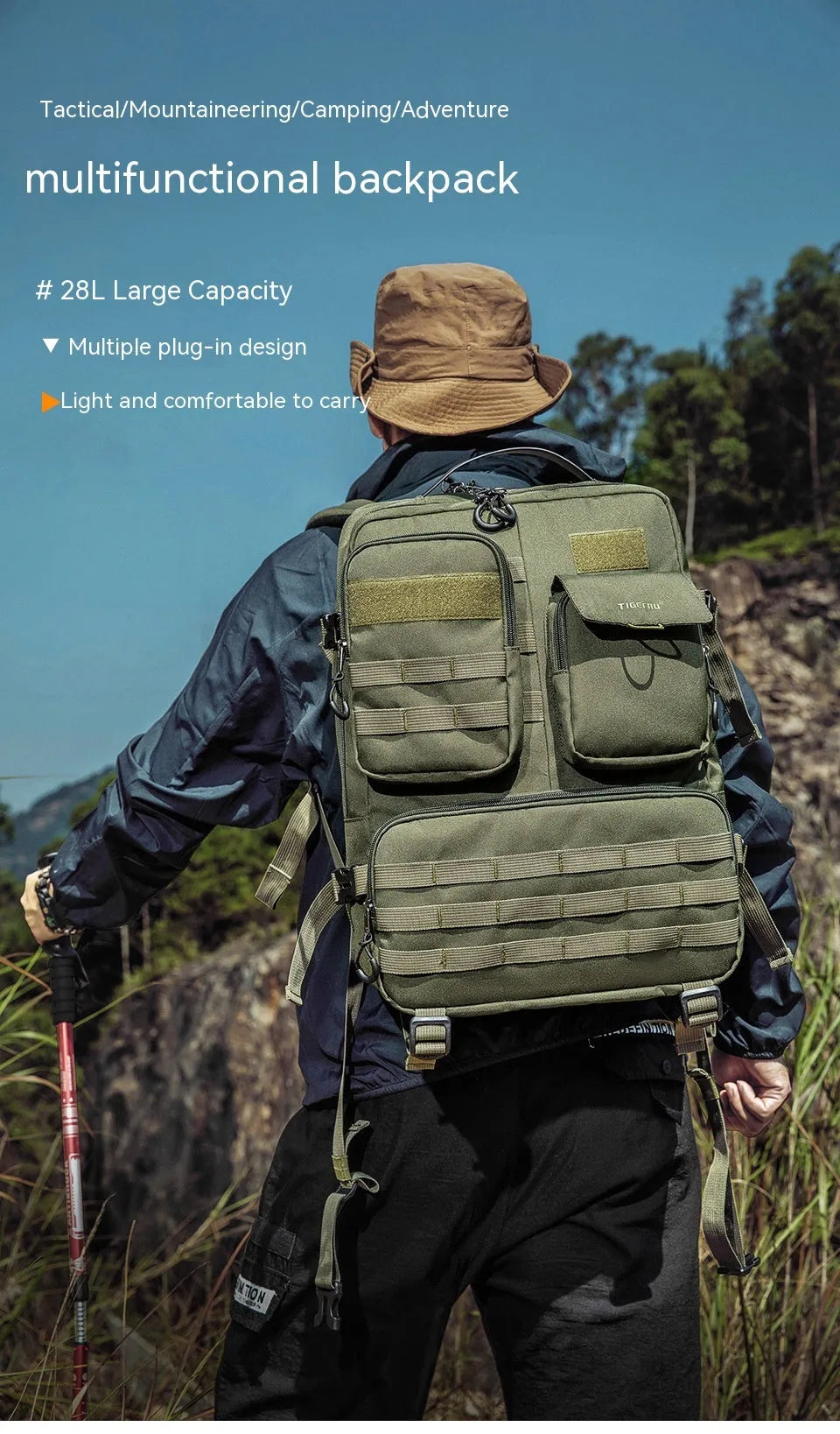 Waterproof tactical backpack in Army Green colour with 17-inch size and 20-35L capacity