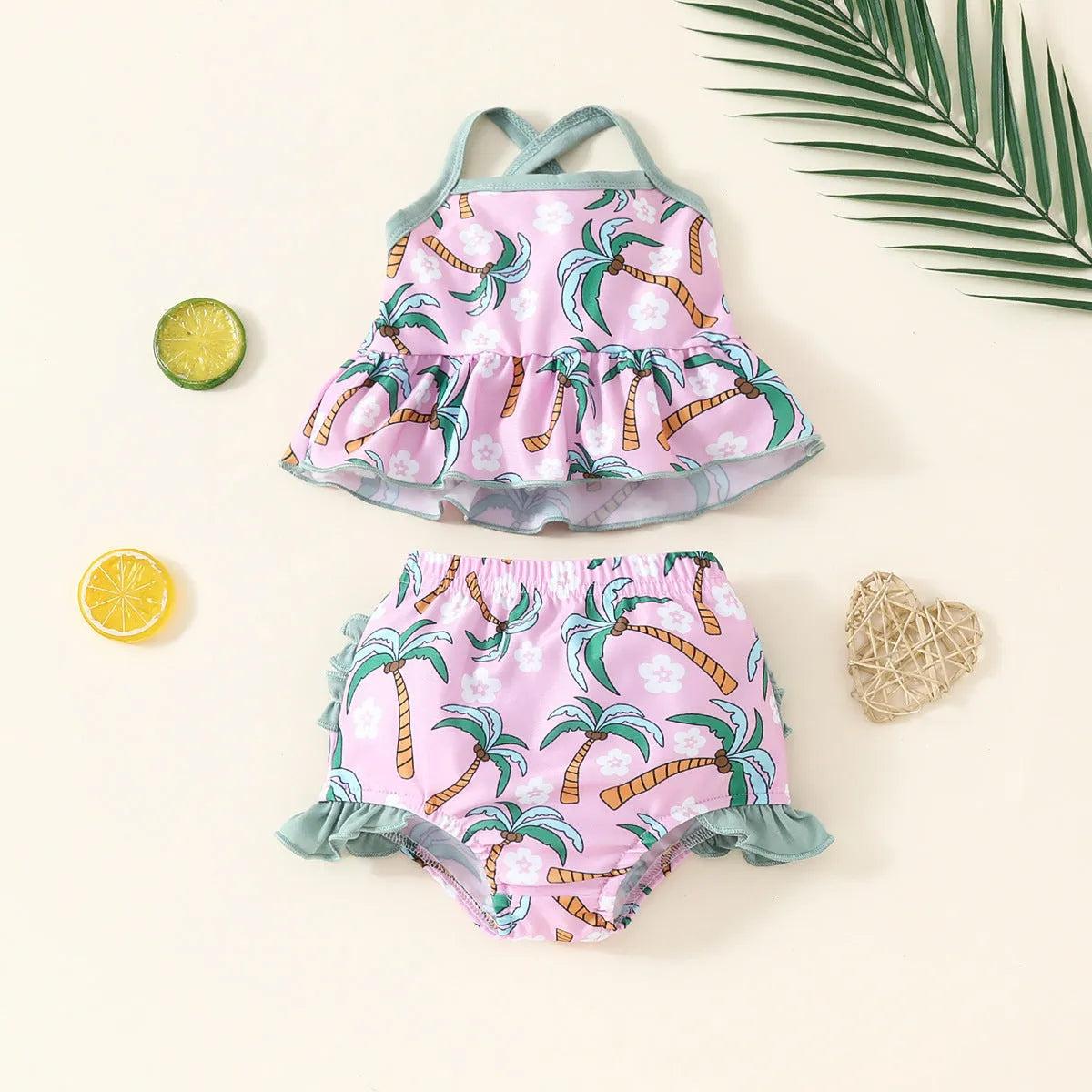 Girls white polyester two-piece swimsuit set with top and shorts for beach or pool