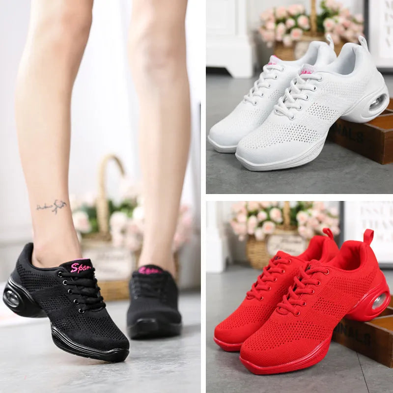 Women's white Flyknit mesh dance shoes with a lightweight PU sole for dance and fitness.