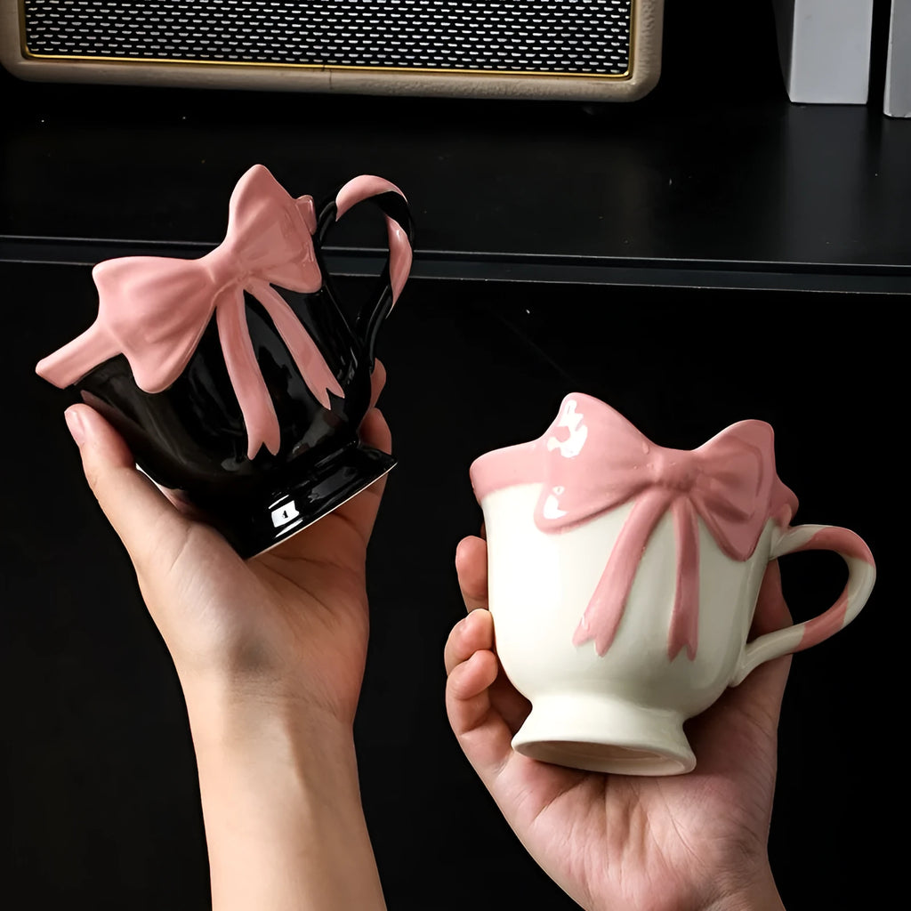 Ceramic mug with a girl heart bow design in white powder and black pink colour options