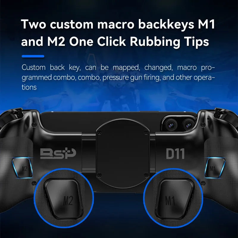 D11 wireless Bluetooth game controller in black with stretch handle, Hall trigger, and USB Type-C port