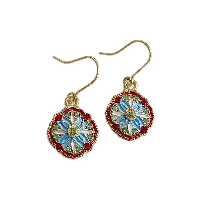 Oil painting earrings for women, New Chinese style, ZC916 Golden Yellow, electroplated alloy, one pair.