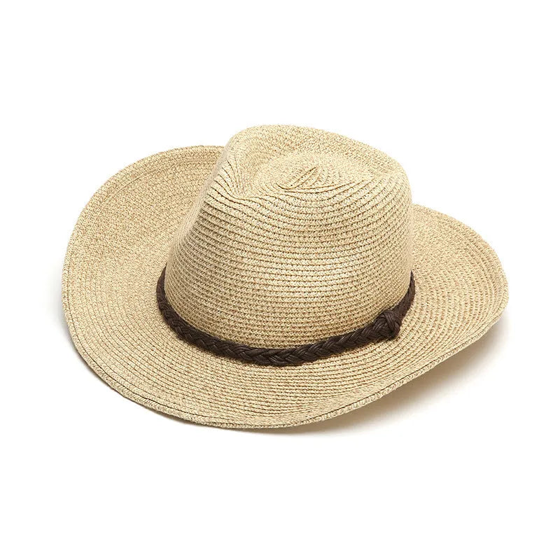 Men's foldable straw sun hat with large brim in beige colour on wooden surface