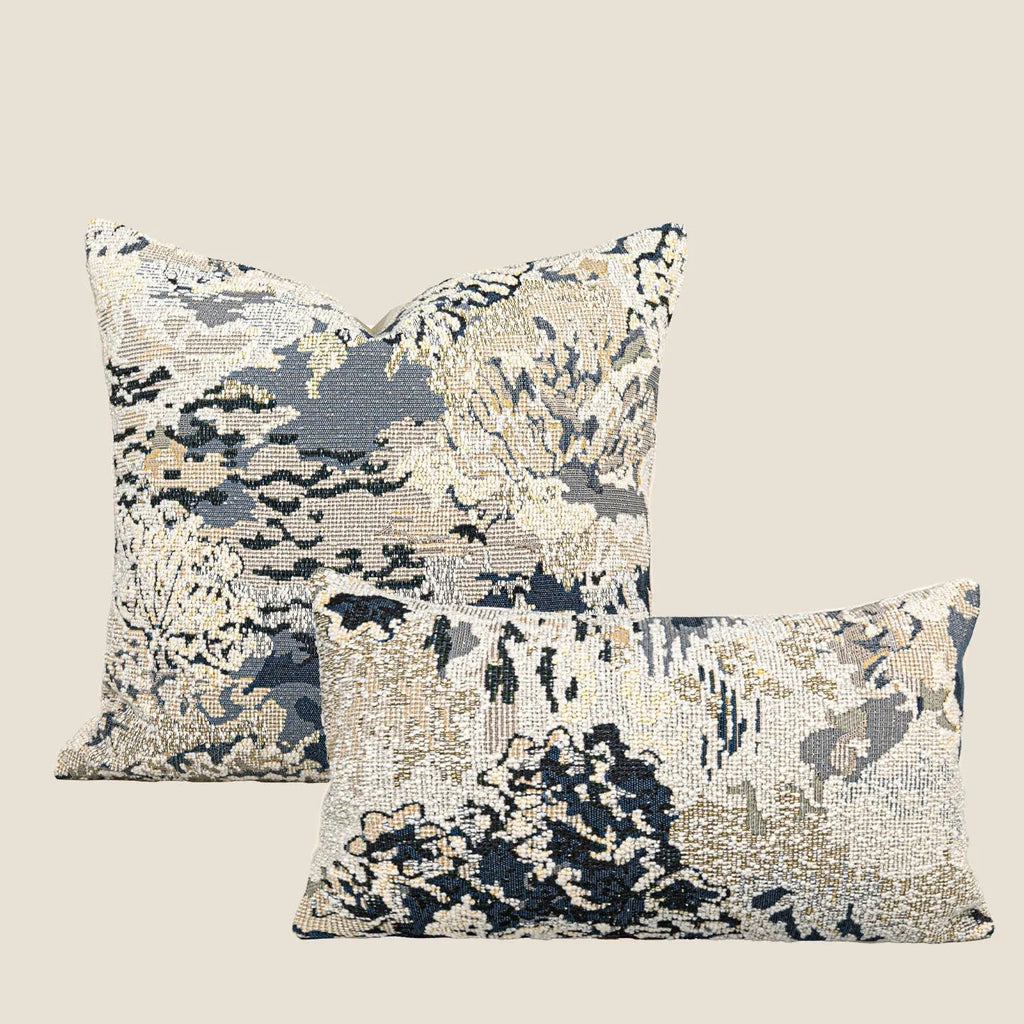 Blue flower and plant pattern decorative cushion in Chinese style, shown as square and lumbar pillow.