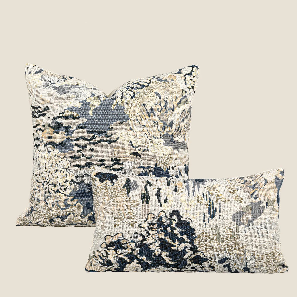 Blue flower and plant pattern decorative cushion in Chinese style, shown as square and lumbar pillow.