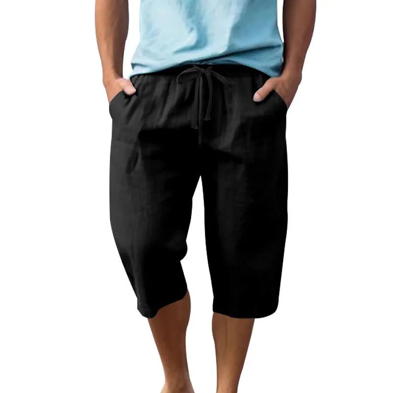 Men's loose linen cropped casual shorts with high drawstring waist in solid colours, sizes S to XXXL