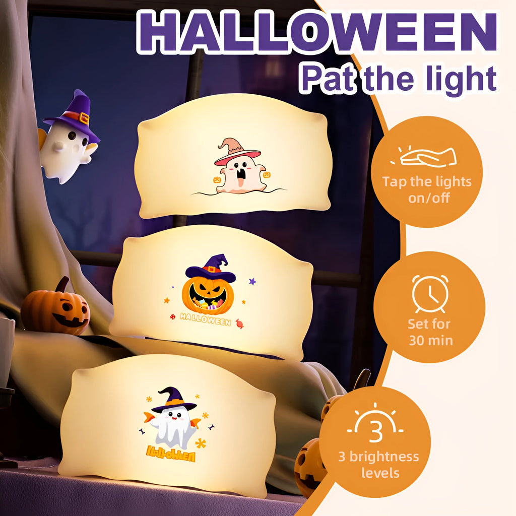 Small cartoon ghost Halloween doll table lamp with warm LED light, shown in Magic Ghost and Pumpkin Ghost colours.