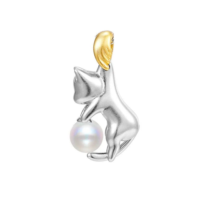 925 sterling silver clavicle chain necklace with cat pendant and pearl bead options