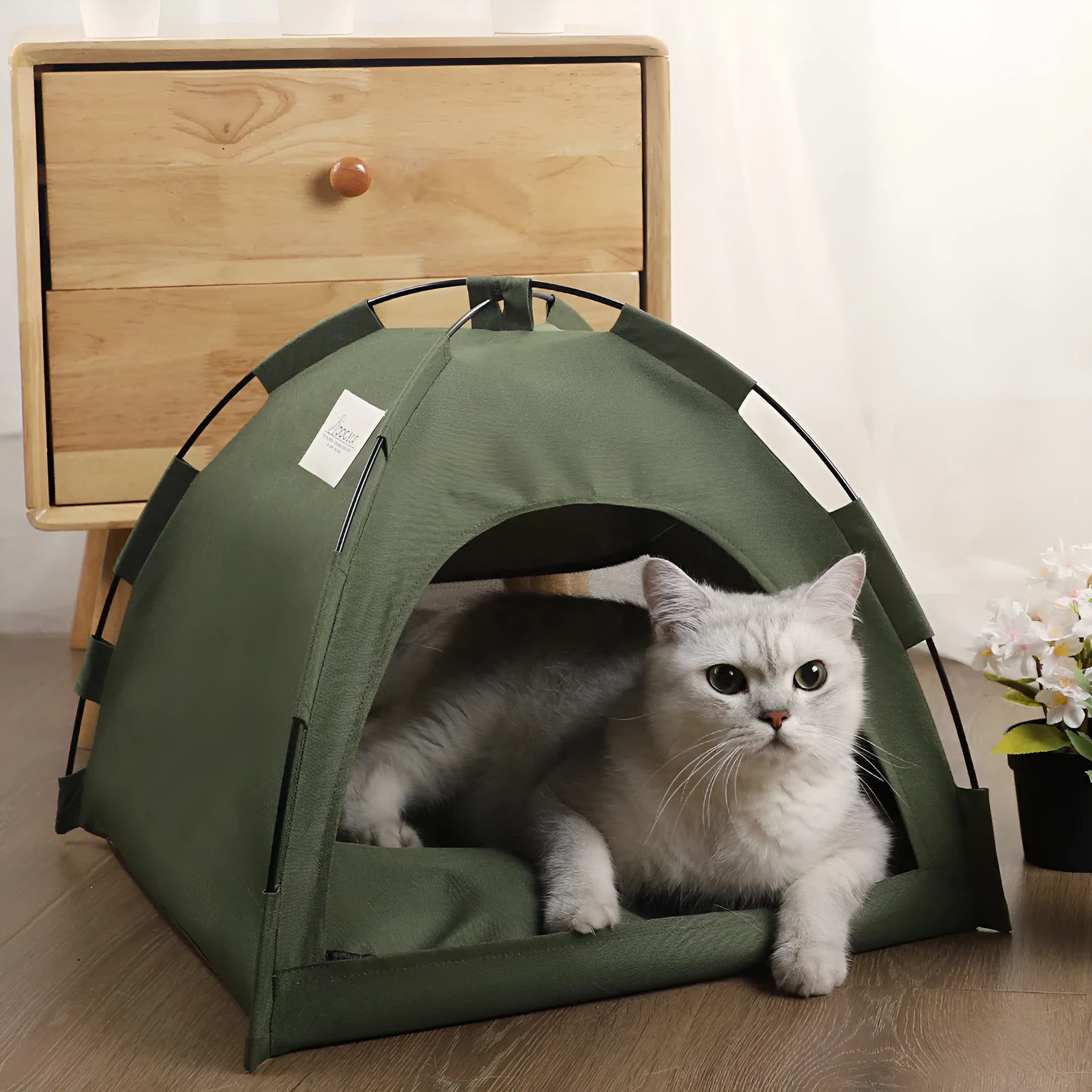 Pet tent cooling mat bed with cushion for dog or cat, military green, portable travel pet bed in L size