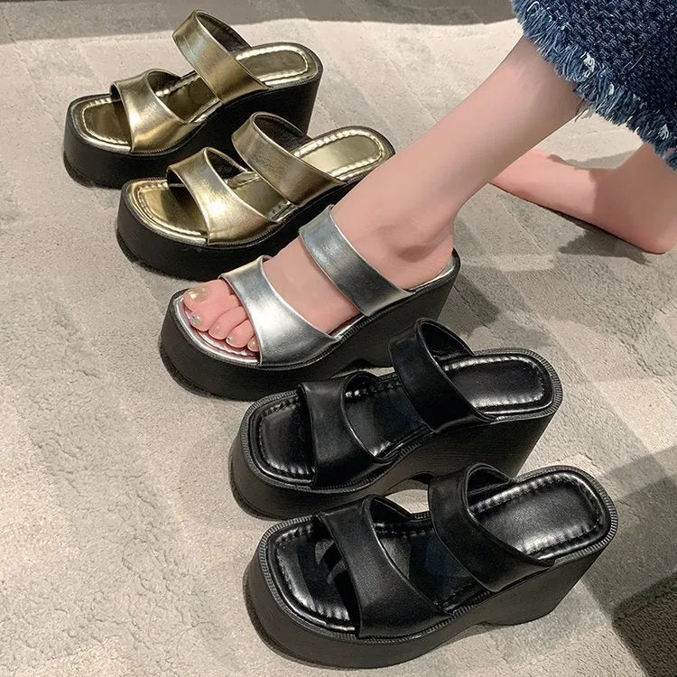 Women's black wedge platform high heel slippers with a square toe design