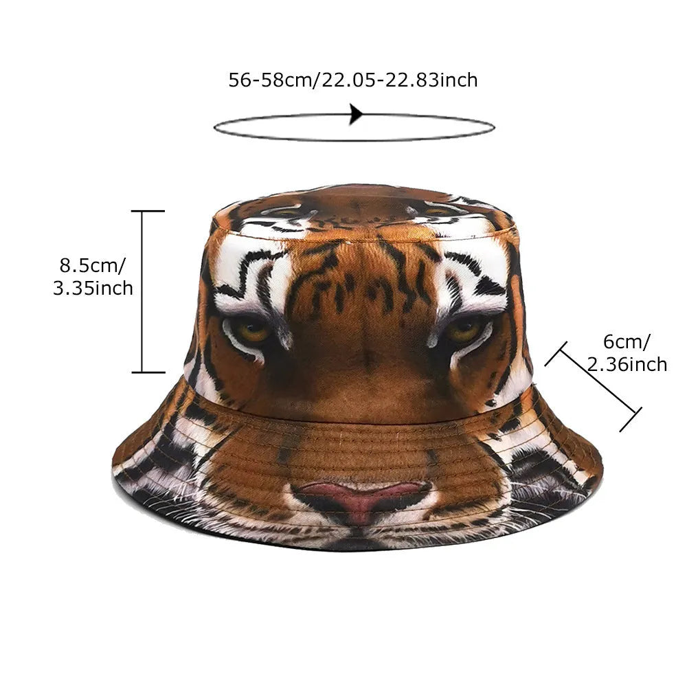 Tiger pattern polyester bucket hat in khaki or black with dome crown measuring 56-58cm
