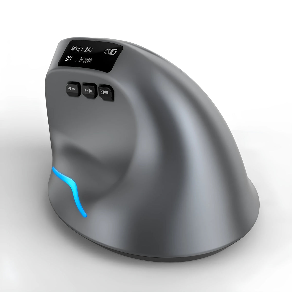 Grey vertical wireless mouse with self-charging system and Bluetooth connectivity
