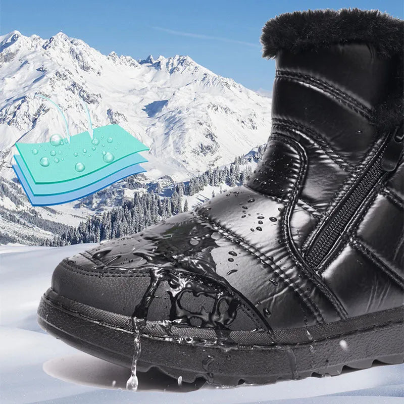 Winter thick plush snow boots with side zipper for women, high top platform, fur upper, round toe, black