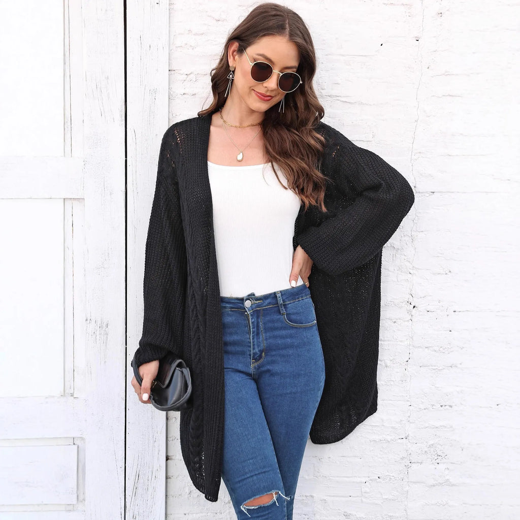 Women's loose fit acrylic sweater coat in solid colour with European styling