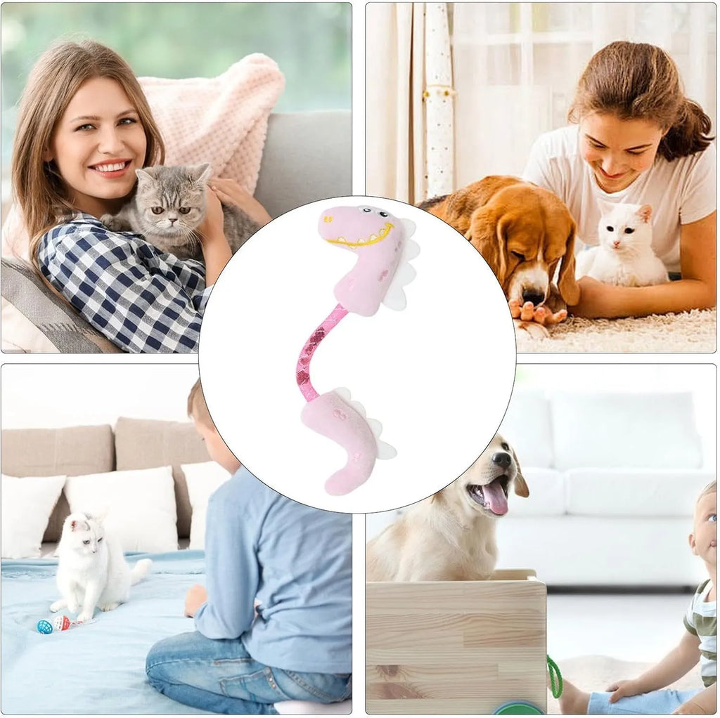 Set of four colourful cat toys including rope, springs, and plush kickers on a white background.