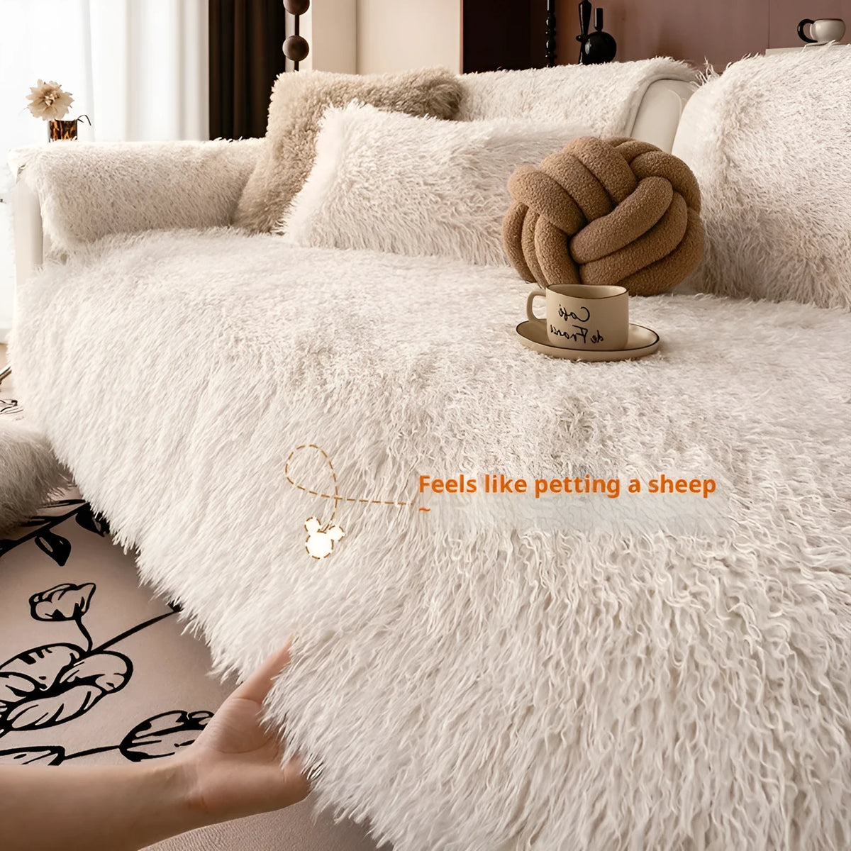 Thick plush sofa cushion in light khaki, 70 × 120cm, placed on a sofa as a seat pad and dust cover.