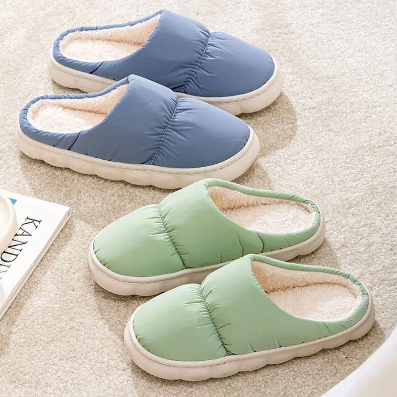 Winter indoor slippers with artificial leather upper, rubber sole, and plush lining in multiple colour options