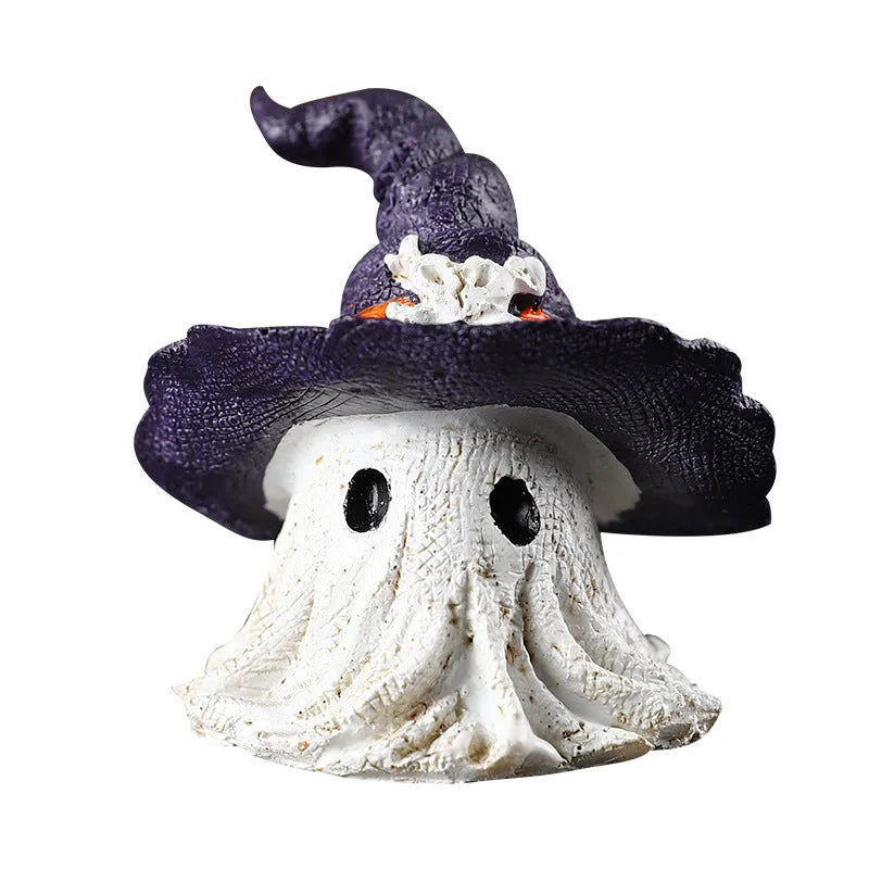 Purple and black solid resin wizard hat ghost ornaments for Halloween and Christmas decor.