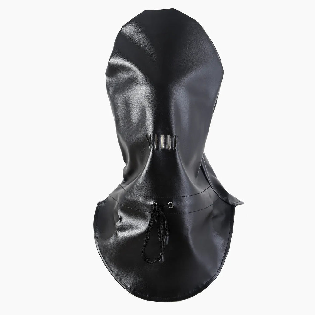 Black leather bondage mask covering eyes with adjustable fit for adult use