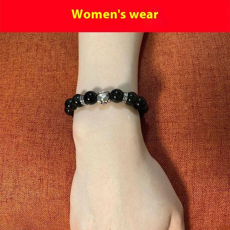 Natural obsidian bracelet with 999 silver cloud charms in male 12mm and female 10mm sizing options