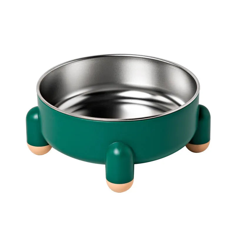 Stainless steel pet bowl with non-slip base and high foot in green, pink, and white colour options