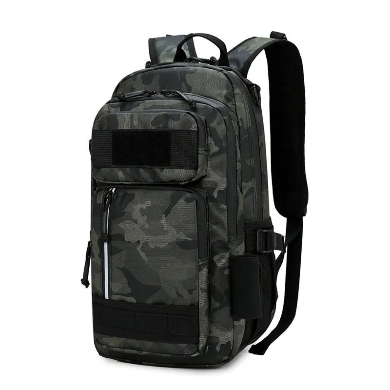 Orange Derm fabric outdoor backpack with 20-35L capacity shown from side perspective