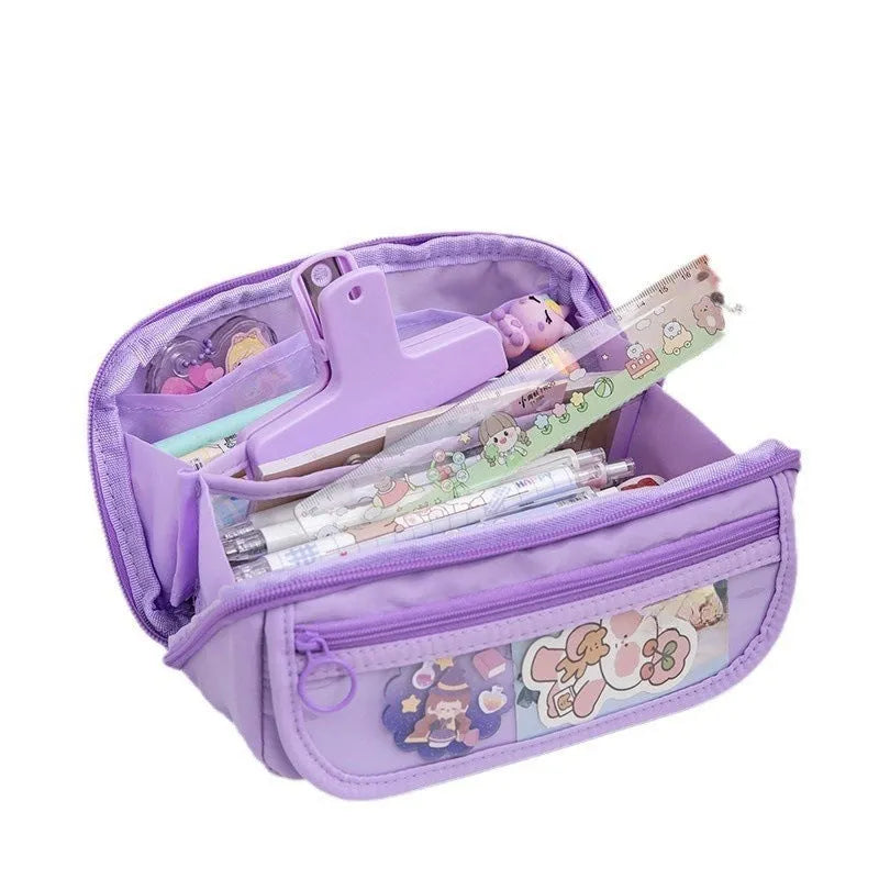 Canvas pencil case with flip design in Korean style showing organisation compartments