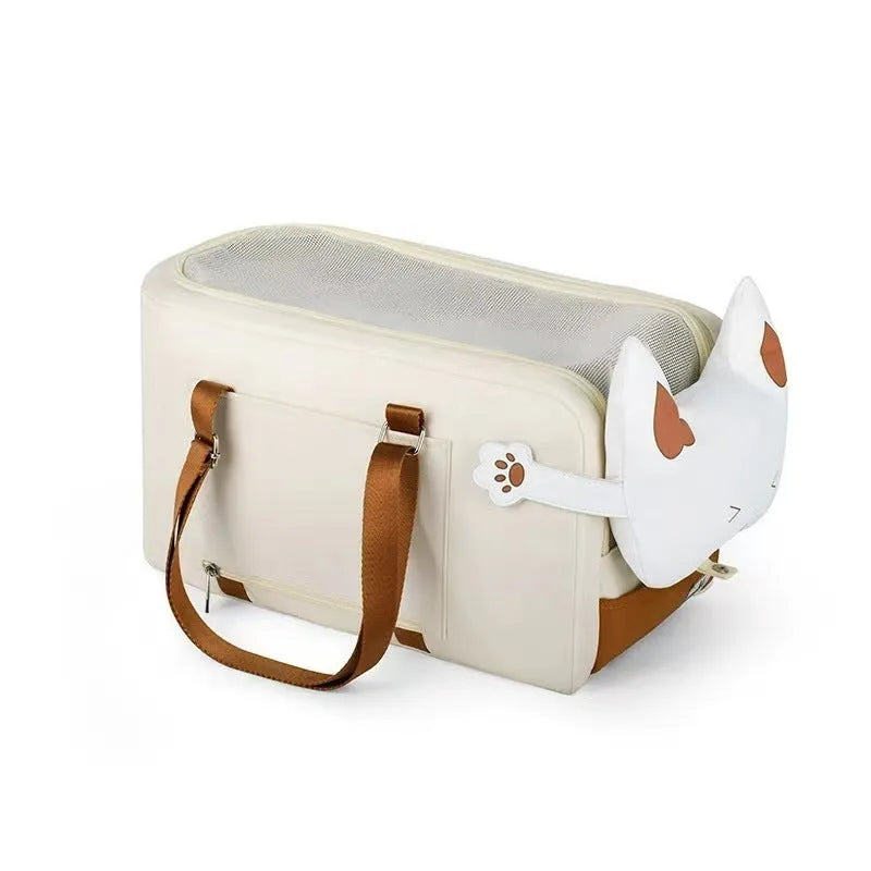 Beige hard-sided pet carrier with one shoulder strap measuring 43x25x22.5cm
