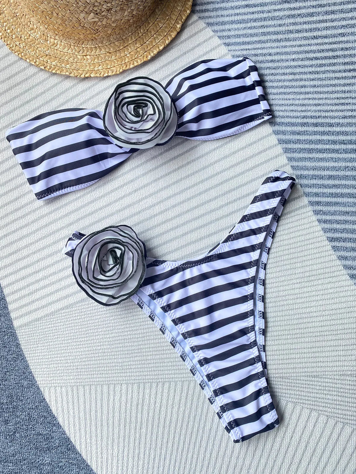 Black and white striped bikini swimsuit with a cross-border tube top and 3D floral split design.