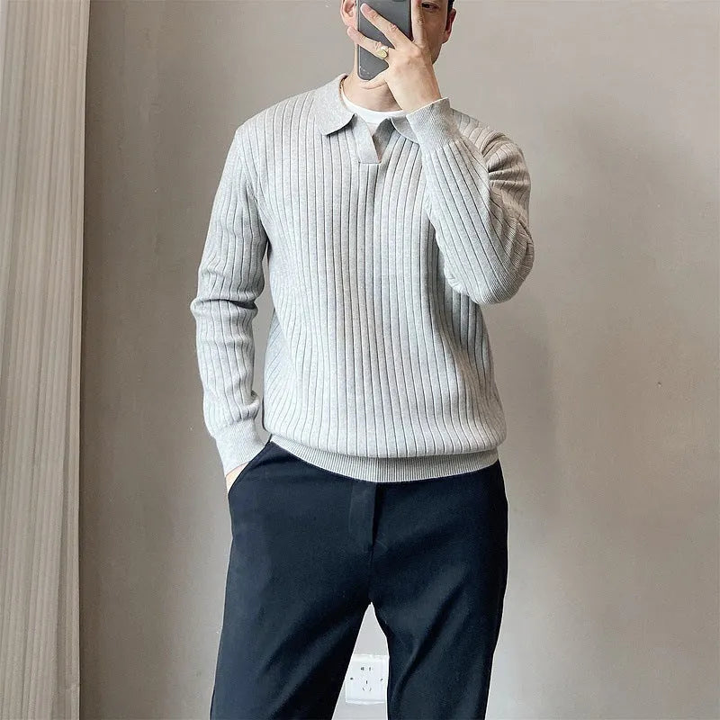 A boys' loose striped pullover sweater with a lapel collar, shown in a light grey colour.