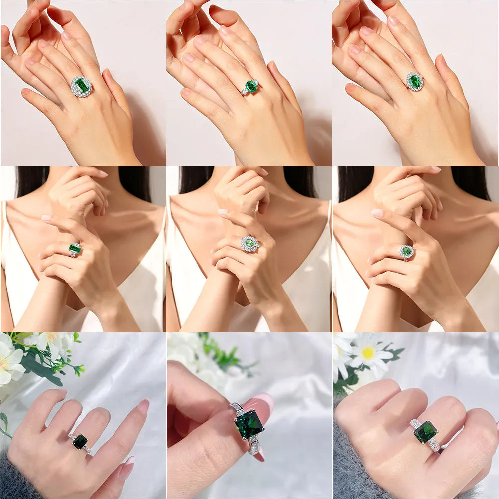 Women's sterling silver ring with a central emerald stone and diamond accent on a geometric band.