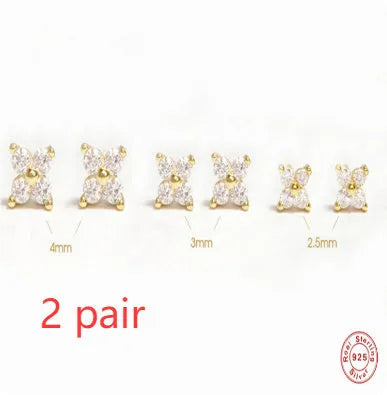 S925 sterling silver floral stud earrings in gold or platinum finish, available in 2.5mm, 3mm and 4mm sizes