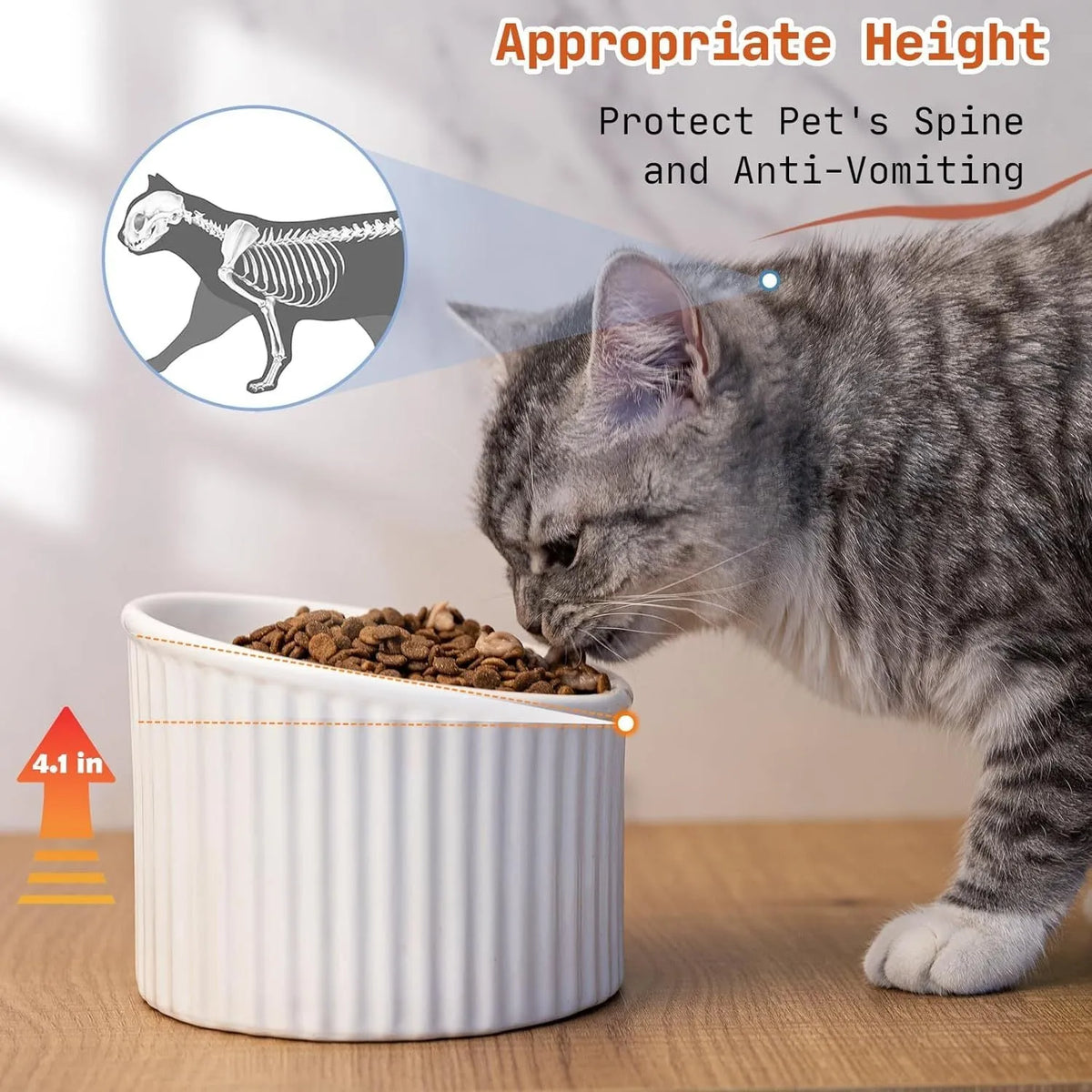 A dark green elevated ceramic cat bowl with a tilted, round design on a wooden surface.