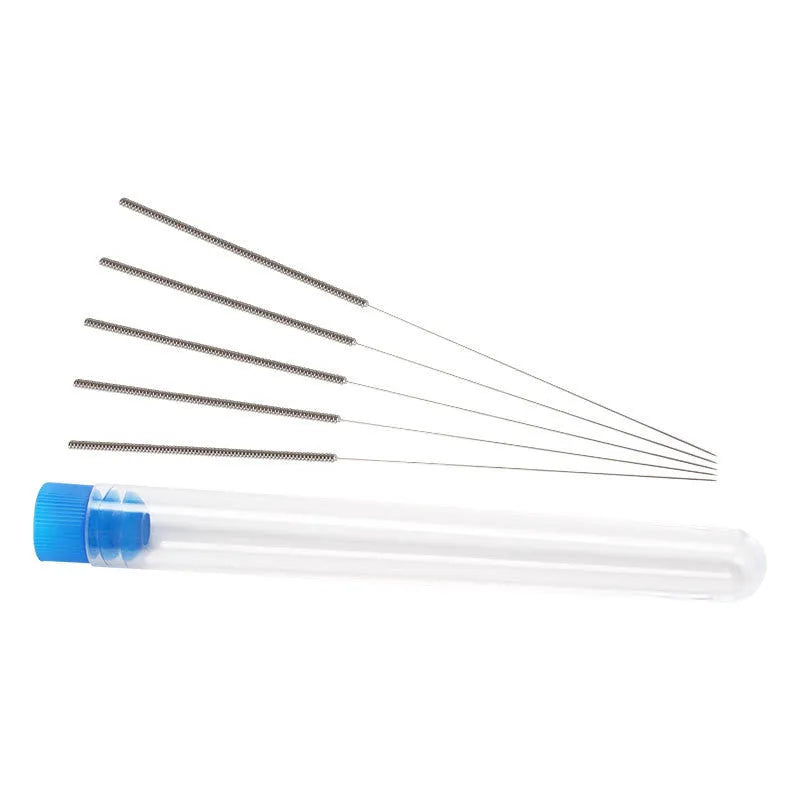 Pack of ten metal cleaning needles for unclogging MK8 and E3D 3D printer nozzles.