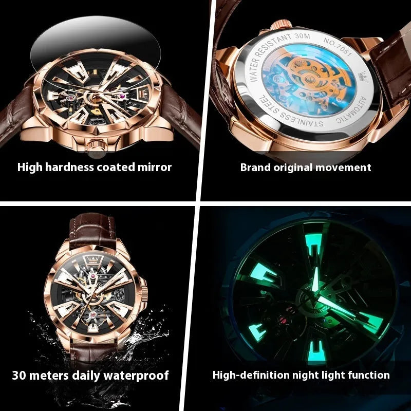 Men's automatic mechanical watch with hollow dial design and stainless steel case