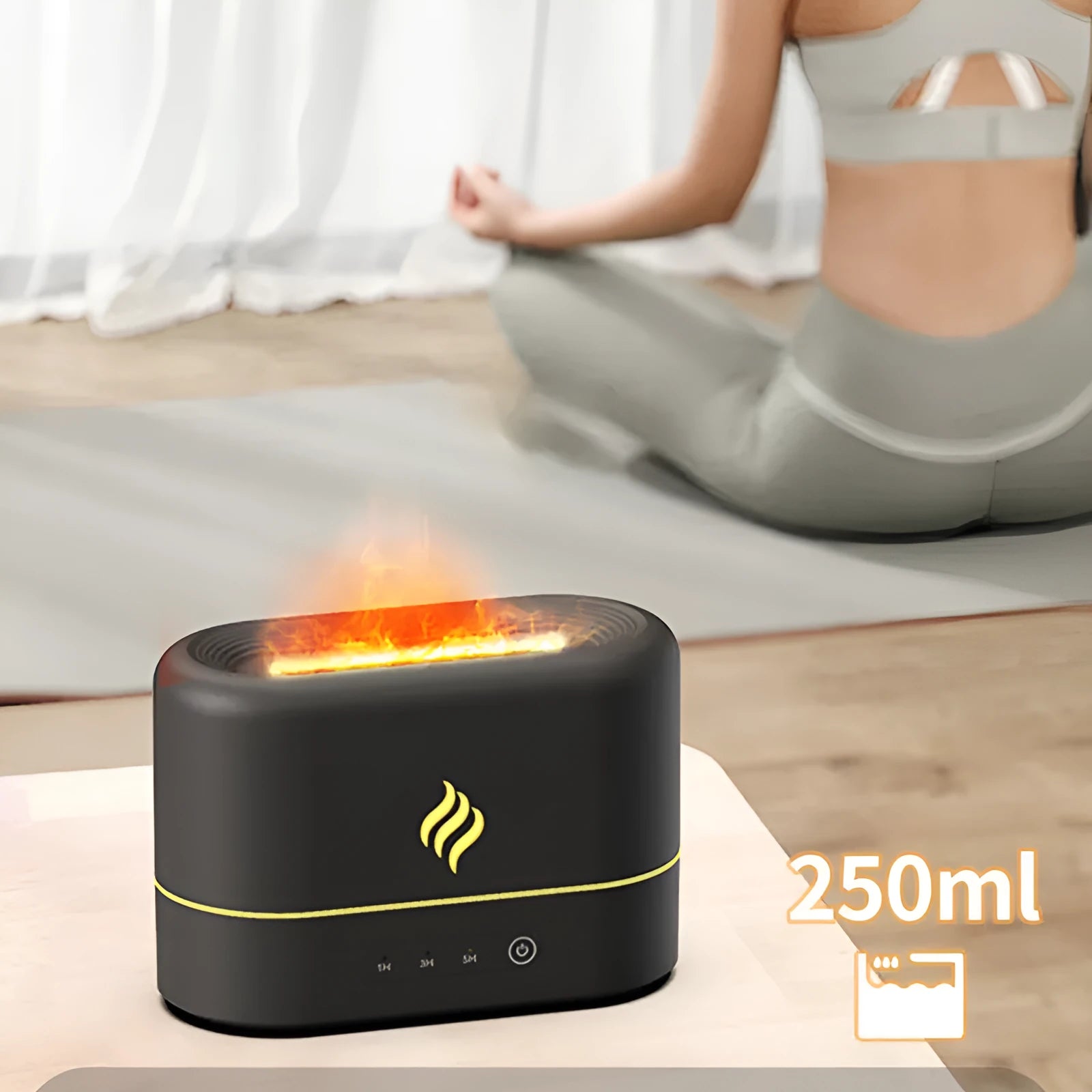 Black or white USB-powered humidifier with seven-colour flame effect lighting and mist outlet