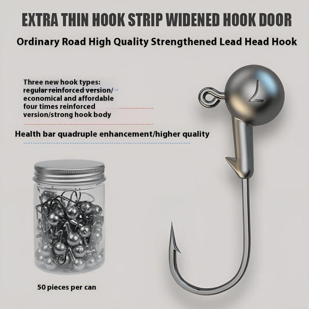 50 enhanced jig hooks with lead heads in primary colour, blood trough, and ordinary steel bar variations