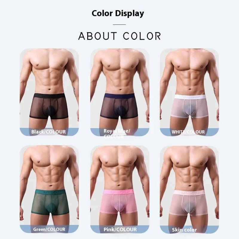 Men's thin solid colour boxer shorts in black, white, blue, green, pink, and skin colour on a white background.