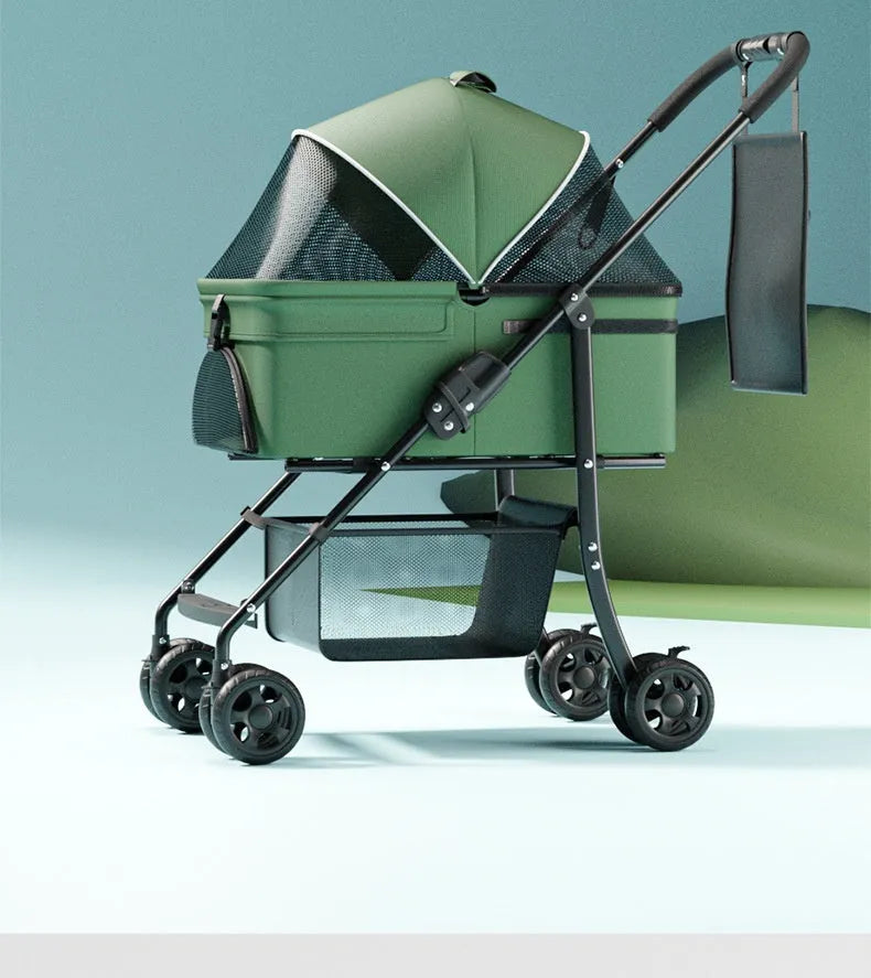 Black metal folding pet cart with removable design for dog and cat transport