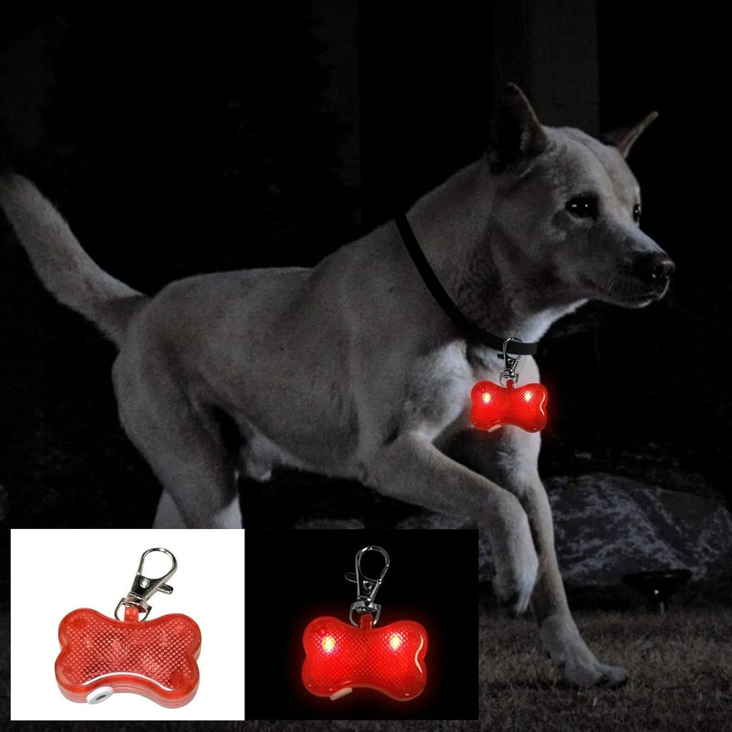 Bone-shaped LED pendant for pet collars in blue, green, orange, red, white, and yellow colours