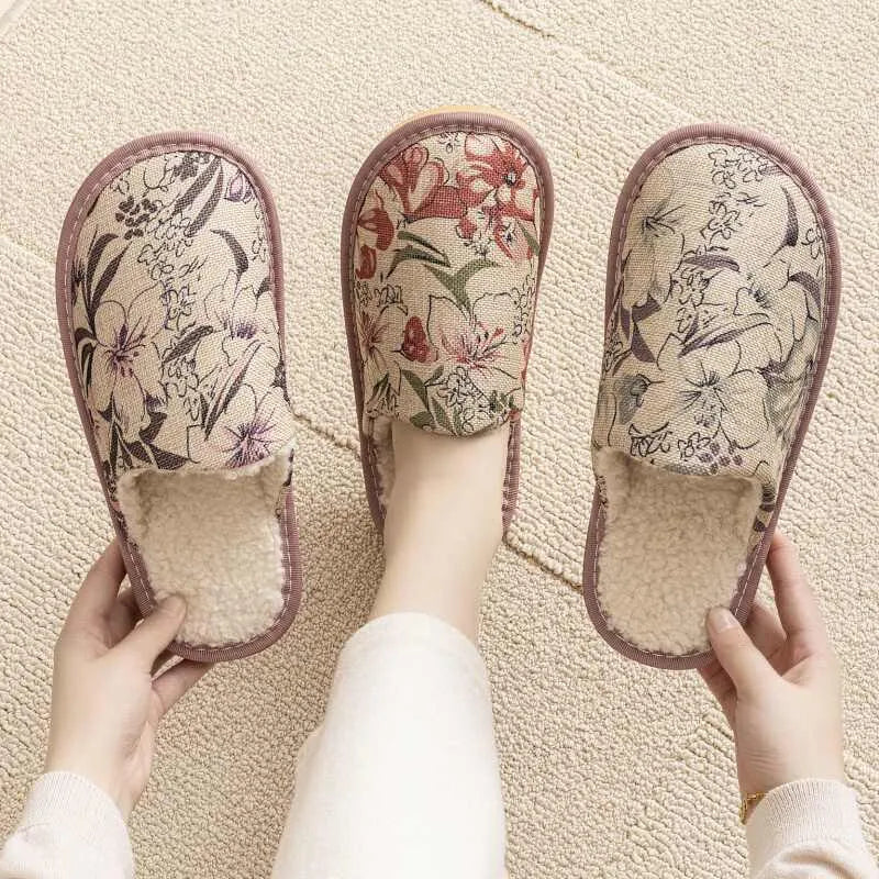 Household cotton slippers with linen surface, PVC sole, in floral colour patterns with UK size options