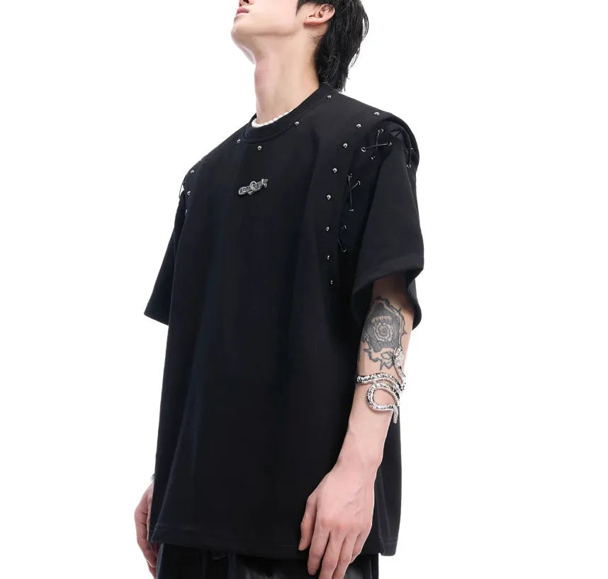 Black deconstructed lace-up short sleeve t-shirt with front cutout detail on a mannequin.