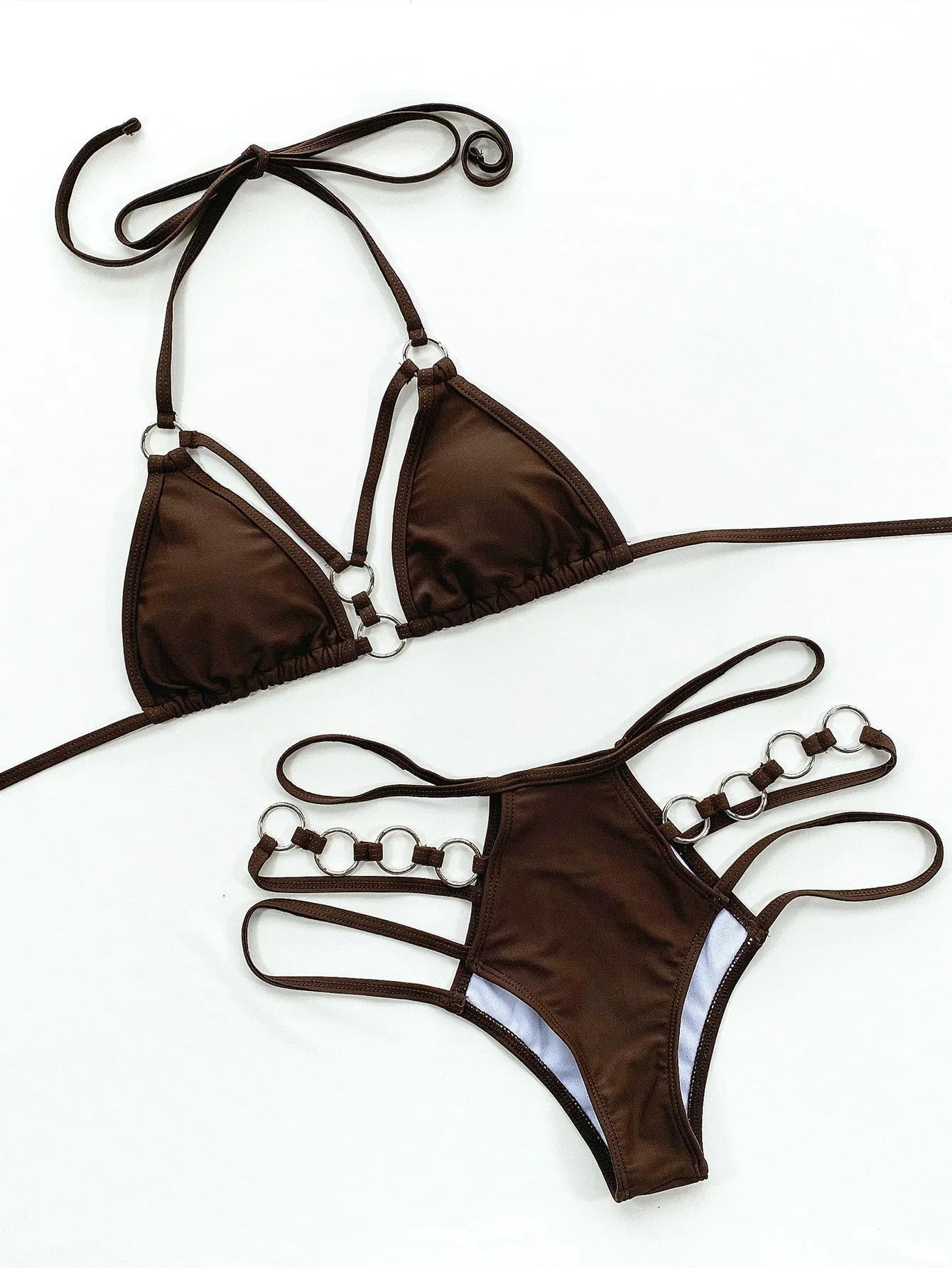 Women's separated nylon bikini set in red, including a bikini top and matching shorts.