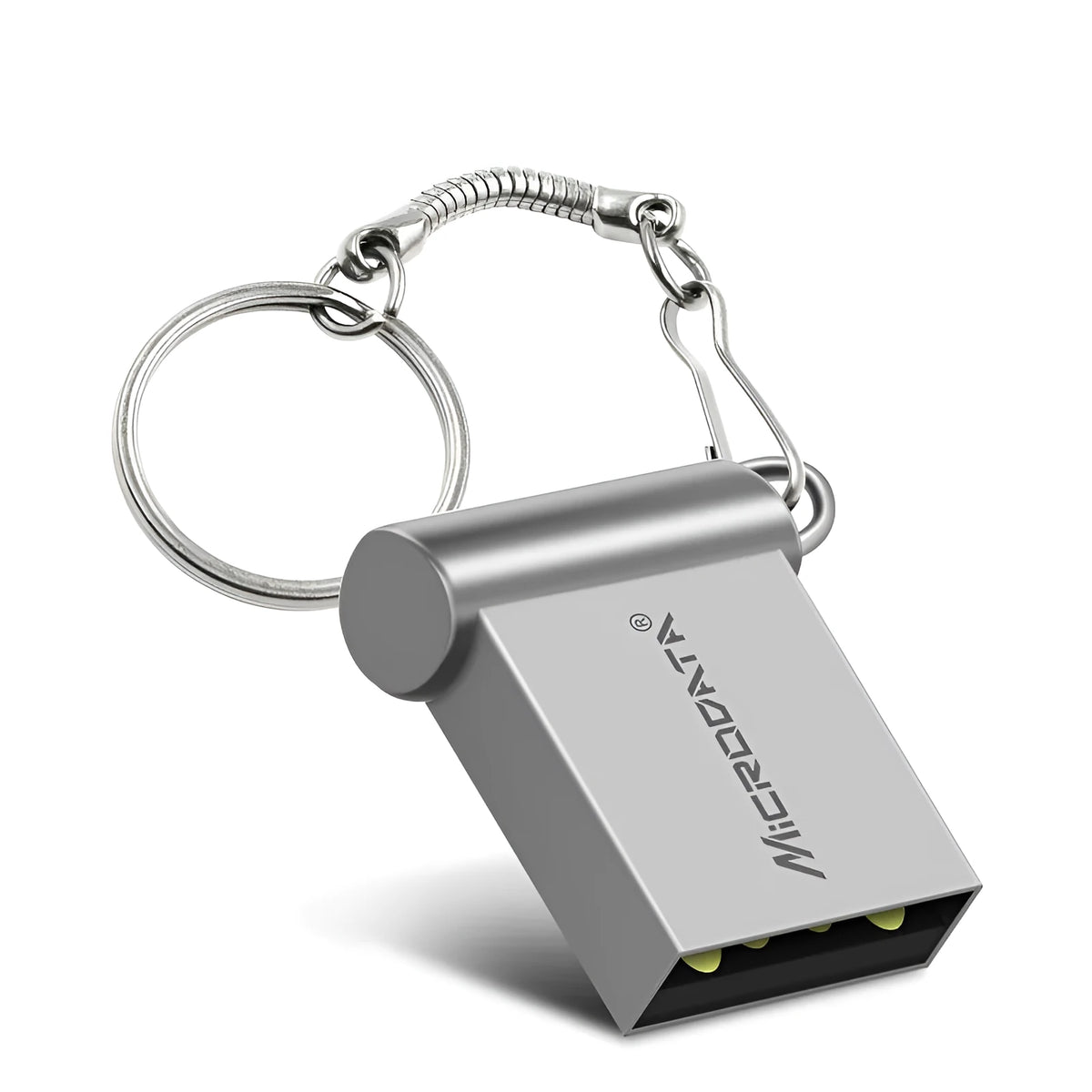 Silver metal car-shaped USB flash drive on a chain necklace showing front and side details.
