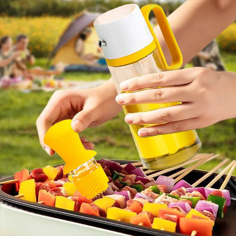 2 in 1 oil dispenser with silicone brush, 550ml soda glass bottle, 304 stainless steel nozzle, yellow green brown