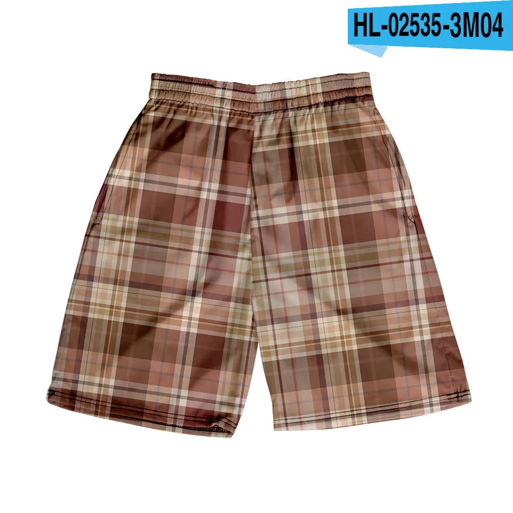 Man wearing plaid patterned casual shorts with an elastic waistband, straight legs, and a digital print design.