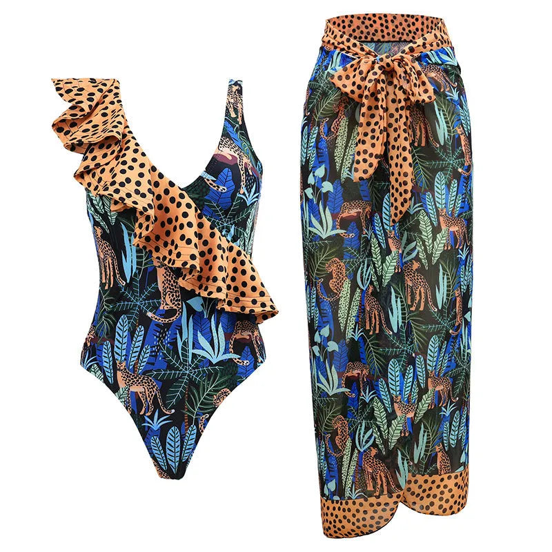 Women's solid colour one-piece swimsuit with spaghetti straps and matching removable skirt