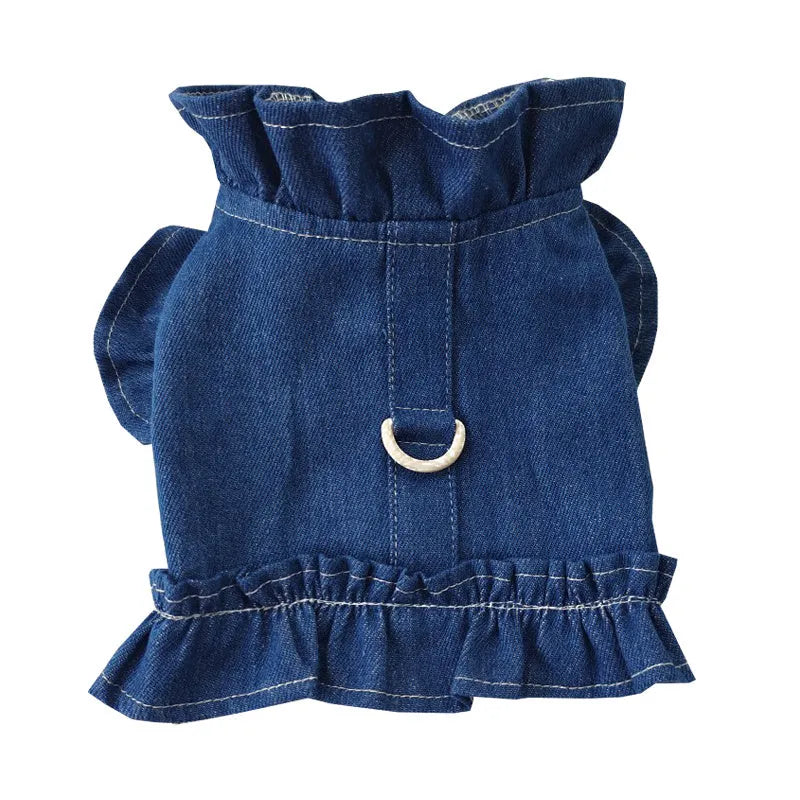 Blue denim dog dress with ruffles and back leash hook pet harness