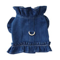 Blue denim dog dress with ruffles and back leash hook pet harness